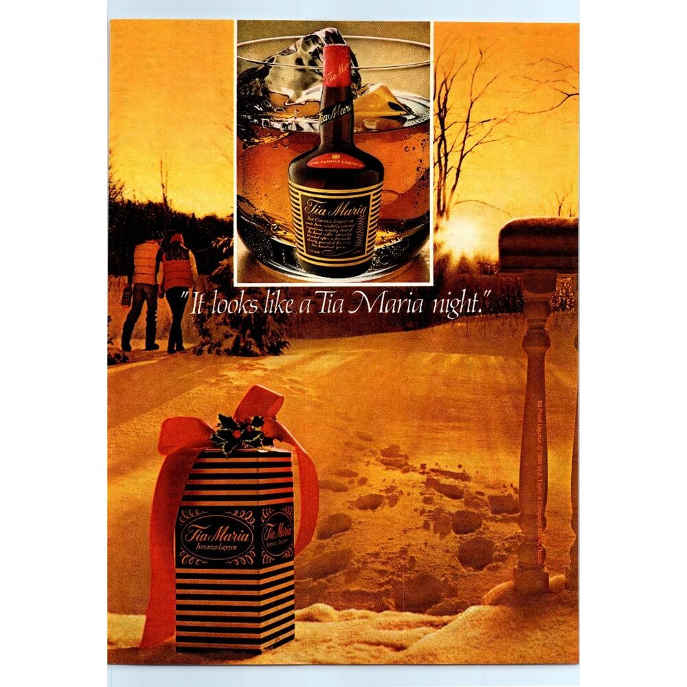 1981 Tia Maria Coffee Liqueur Vintage Print Ad Couple Walk Sunset Snow Wall Art